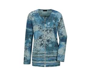 Kurzjacke GOLDNER "Jerseyjacke mit floralem Streifenmuster", Damen, Gr. 38, blau (blau, gemustert), Obermaterial: 50% Viskose CV. 45% Polyester PES. 5% Elasthan EL., gerade, Jacken Kurzjacke, stretchb