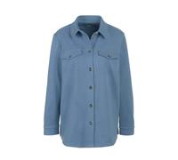Kurzjacke GOLDNER "Kurzgröße Herbstjacke mit Hemdkragen", Damen, Gr. 19, blau (rauchblau), Obermaterial: 89% Polyester PES. 11% Elasthan EL., weit Manschette, Jacken Kurzjacke, Wunderschöne Knöpfe in