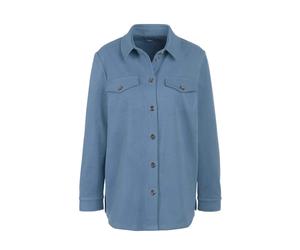 Kurzjacke GOLDNER "Kurzgröße Herbstjacke mit Hemdkragen", Damen, Gr. 19, blau (rauchblau), Obermaterial: 89% Polyester PES. 11% Elasthan EL., weit Manschette, Jacken Kurzjacke, Wunderschöne Knöpfe in