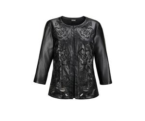 Kurzjacke GOLDNER "Kurzgröße Kurzjacke in Lederoptik mit Lochstickerei", Damen, Gr. 23, schwarz, Obermaterial: 50% Polyester PES. 50% Polyurethan PU., gerade, Tubular, Jacken Kurzjacke, Mit floraler L