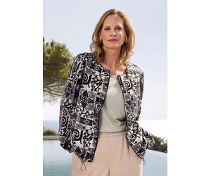 Kurzjacke GOLDNER "Satinjacke mit Aztekenmuster", Damen, Gr. 44, stein, schwarz, gemustert, Obermaterial: 100% Viskose CV., Jacken Kurzjacke, Kordelzug am Saumabschluss (85446325-44) stein, schwarz, g