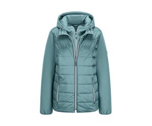 Kurzjacke GOLDNER "Sportive Steppjacke mit Kapuze", Damen, Gr. 42, grün (graugrün), Obermaterial: 50% Polyamid PA. 47% Polyester PES. 3% Elasthan EL., normal, Jacken Kurzjacke, Mit herausnehmbaren Ein