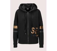 Kurzjacke MADELEINE "Kapuzenjacke Glänzende Oversized-Jacke mit Strass", Damen, Gr. 42, schwarz (schwarz, kupferfarben), Obermaterial: 93% Baumwolle CO. 7% Elasthan EL., Jacken Kurzjacke (30214420-42)