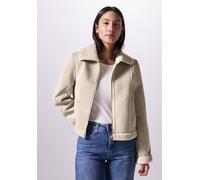 Kurzjacke STREET ONE STUDIO, Damen, Gr. 44, beige (pearly sand), Stoff, Obermaterial: 100% Polyester; Teddydetails: 100% Polyester, unifarben, normal normal, V-Ausschnitt, Bündchen, Jacken, soft und w