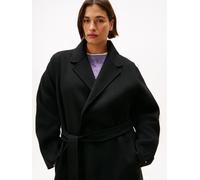 Kurzmantel TOMMY HILFIGER CURVE "CRV DF WOOL REG BELTED MIDI COAT", Damen, Gr. 48, schwarz, Web, Obermaterial: 60% Wolle, 40% Polyester, unifarben, wadenlang, V-Ausschnitt, Mäntel Kurzmantel, in große