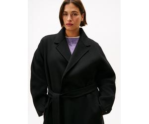 Kurzmantel TOMMY HILFIGER CURVE "CRV DF WOOL REG BELTED MIDI COAT", Damen, Gr. 52, schwarz, Web, Obermaterial: 60% Wolle, 40% Polyester, unifarben, wadenlang, V-Ausschnitt, Mäntel Kurzmantel, in große