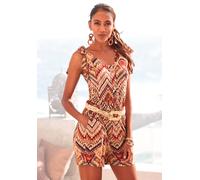 Kurzoverall LASCANA, Damen, Gr. 36, N-Gr, braun (braun, bedruckt), Jersey, Obermaterial: 100% Viskose, bedruckt, ethno, figurumspielend kurz, Rundhals, Overalls Kurzoverall, mit Ethnoprint und Taschen
