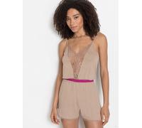 Kurzoverall LASCANA, Damen, Gr. 40, N-Gr, braun (nougat), Single Jersey, Obermaterial: 95% Viskose, 5% Elasthan, figurumspielend kurz, tiefer V-Ausschnitt, Overalls Kurzoverall, mit schönen Spitzendet