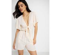 Kurzoverall LSCN BY LASCANA, Damen, Gr. 38, N-Gr, beige (creme), Web, Obermaterial: 100% Viskose, unifarben, figurumspielend kurz, tiefer V-Ausschnitt, Overalls Kurzoverall, aus gewebter Viskose (8976