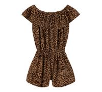 Kurzoverall NAME IT "NKFVINAYA PLAYSUIT FFF", Mädchen, Gr. 128, N-Gr, schwarz aop:leopard, Web, Obermaterial: 98% Polyester, 2% Elasthan, bedruckt, regular fit kurz, Carmenausschnitt, Overalls Kurzove