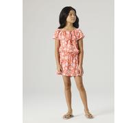 Kurzoverall NAME IT "NKFVINAYA PLAYSUIT FFF", Mädchen, Gr. 146, N-Gr, fusion coral aop:tropical, Web, Obermaterial: 98% Polyester, 2% Elasthan, bedruckt, regular fit kurz, Carmenausschnitt, Overalls K