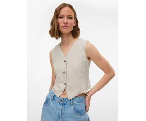 Kurzweste VERO MODA "VMCAIA SL VEST WVN NOOS", Damen, Gr. M, beige (silber lining), Web, Obermaterial: 90% Baumwolle, 10% Leinen, unifarben, normal, V-Ausschnitt, Westen, Baumwolle mit Leinen, figurbe