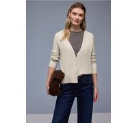 Cardigan STREET ONE, Damen, Gr. 46, cotton beige meliert, Web, 37% Baumwolle, 34% Polyacryl, 26% Polyester, 3% Elasthan, unifarben, normal normal, V-Ausschnitt, Rippbündchen, Strickjacken, mit V-Aussc