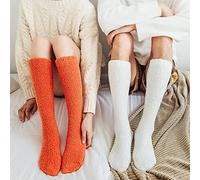 Kuschelsocken,Kuschelsocken 2 Paar Orange Weiß Einfarbig Kniestrümpfe Damen Kuschelige Korallen Fleece Strümpfe Warme Winter Flauschige Socken Weiche Bettsocken Thermische Oberschenkel Hohe Socke
