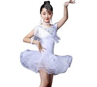 Kuteng Mädchen Quaste Lateinisches Tanzkleid für Mädchen Salsa Tango Gesellschaftstanzkleid Wettbewerbskleid Mädchen Übungstanzkleidung,Weiß,140CM