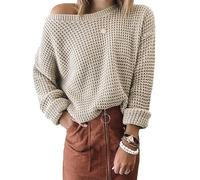 KUUFUUT Damen Häkelpullover Schulterfrei Strickpullover Tops Winter Herbst Pullover Casual Basic Langarm Sweatshirts Top Plus Size