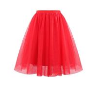 KUUFUUT Damen Midi Tüllrock Elastischer Hochtaillierter Unterrock Knielang Tüllrock Karnevalskostüm Stufenunterrock für Festliche Anlässe Rot Xs