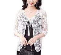 KUUFUUT Damen Spitzencardigan Offener Vorderteil 3/4 Ärmel Bolero Lässiger Schulterjäckchen Lagenlook Überwurf Eleganter Dünner Mantel Minijacke für Abendveranstaltungen und Hochzeiten Weiß Größe L