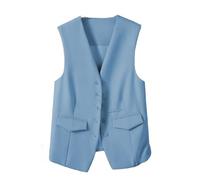 CuLtP Damen Weste, Ärmelloser Blazer, Elegante Weste Mit V Ausschnitt, Kurz, Lässig, Formelle Anzugweste, Sommer Crop Top, Eleganter, Schmaler Button Down Westenmantel Für Arbeit Und Büro, Blau, M