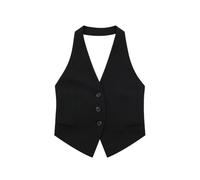 CuLtP Damen Weste Neckholder Vintage Ärmellose Jacke, Elegante Anzugweste Mit Knopfleiste, Eleganter, Rückenfreier, Einreihiger, Verkürzter Weste-Blazer, Schwarz, M