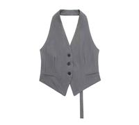 KUUFUUT Damen Weste Neckholder Vintage Ärmellose Jacke Elegante Anzugweste Mit Knopfleiste Eleganter Rückenfreier Einreihiger Verkürzter Weste Blazer Grau Xs