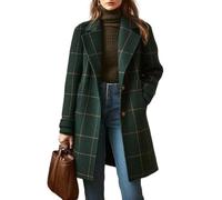 KUUFUUT Damen Winter Casual Wollmischung Mantel mit Reverskragen Einreihig Retro-Karomantel Mittellang Elegante Arbeitsjacke Lange Jacke mit Taschen Dunkelgrün L