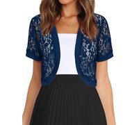 KUUFUUT Elegante Kurze Damen Strickjacke Aus Transparenter Blumenspitze Bolero Top Dünnes Kurzarm Bolero Top Abendkleid Freizeitkleid Marineblau Größe L