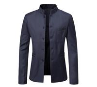 KUUFUUT Herren Blazer mit Chinesischem Kragen Schmale Passform Leichte Jacke Einreihig Stehkragen Anzugjacke Lässiger Anzugmantel Im Chinesischen Stil Blazer Zum Zuknöpfen Marineblau L
