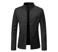KUUFUUT Herren Blazer mit Chinesischem Kragen Schmale Passform Leichte Jacke Einreihig Stehkragen Anzugjacke Lässiger Anzugmantel Im Chinesischen Stil Button Up Blazer Schwarz XXS