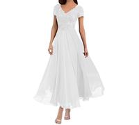 KUVIZKU Brautmutterkleider für Hochzeit Elegant - Chiffon V-Ausschnitt A-Linie mit Spitze Lang Abendkleid Weiß 38