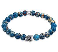 Kuzzoi Buddha Herren Armband mit blauem Achat Edelstein Perlen und Totenkopf in 925 Sterling Silber Anhänger, Yogaarmband, Energiearmband, Länge 21 cm, elastisch, 0205930619
