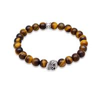 Kuzzoi Buddha Herren Armband mit Tigerauge (braun) Schmuckstein-Perlen, Totenkopf Bead aus 925 Sterling Silber, Chakra Yogaarmband, Energiearmband, Länge 23 cm