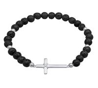 Kuzzoi Buddha Herren Armband Naturstein Perlenarmband Lava 6 mm Kreuz 925 Sterling Silber Echtes Steinarmband für den Mann Länge 23 cm