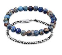 Kuzzoi Buddha Herren Armband Set, EIN elastisches Edelstein Armband mit Silber Beads, Blaue Achat Perlen und EIN Panzerarmband für den Mann, 925 Sterling Silber oxidiert, Länge 21 cm