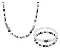 Kuzzoi Buddha Herren Kette und Armband Set aus Muschelkernperle (6mm) Glas Perle (4-8 mm) mit Beads 925 Silber für Männer Länge ca. 50 cm + 19 cm