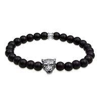 Kuzzoi Buddha Herren Steinarmband aus schwarzem Onyx Edelstein Perlen (8 mm) und Tigerkopf Anhänger in 925 Sterling Silber elastisch, Länge 19 cm
