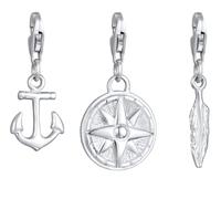 Kuzzoi Charm Anhänger Kompass Anker Feder Symbol aus 925 Sterling Silber Charms Bettelarmband Anhänger Set mit Karabiner für Armbänder und Halsketten Kompatibel