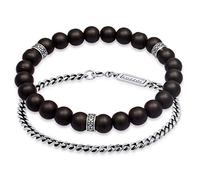 Kuzzoi Buddha Herren Armband Set bestehend aus einem elastischen Onyx Edelstein Armband mit Silber Beads und einem Panzerarmband aus 925 Sterling Silber oxidiert, Länge 21 cm