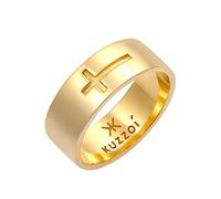 Kuzzoi Herrenring Bandring für Männer mit Kreuz Motiv aus 925 Sterling Silber vergoldet, Breiter Silberring (8 mm) im goldenen Design, Breiter Ring für Herren mit Kreuz, Ringgröße 62, 0610410620_62