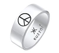 Kuzzoi Herrenring Bandring für Männer mit Peace Zeichen aus 925 Sterling Silber, Breiter Silberring (8 mm) im kantigen Design, Ring für Herren mit Friedenszeichen, Ringgröße 64