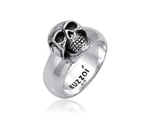 Kuzzoi Totenkopf Herrenring, massiv 10 mm breit in 925 Sterling Silber, schwarz oxidiert mit Gravur, Ring für Männer in der Ringgröße 60 - 66, 0601662919