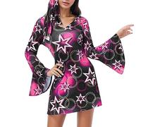 Kwatieh Halloween Damenkleid mit 70er Jahre Druck im Hippie Disco Stil für lässige Freizeit Sexy Kleid Damen Boho Kleider Elegant FüR Hochzeit Langes Mit äRmeln