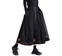 KWISUAWHGA Damen Frühling Sommer A-Linie Freizeitrock Reißverschluss Vorne Mesh Elastischer Hoher Bund Langer Rock mit Großen Taschen,Schwarz,One Size