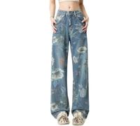 KWISUAWHGA Damen-Jeans Mit Blumenmuster Hohe Taille Gerades Weites Bein Süße, Lässige Lockere Passform Leichte Y2K-Jeans,Blau,XXL