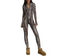 KWISUAWHGA Damen Jumpsuit mit Schlangenhaut-Print Sexy Figurbetonter Schnitt Lange Ärmel Reißverschluss Lässig Schmal Einteilig Strampler Club-Outfits,Braun,XL