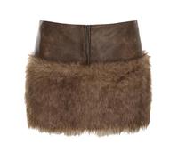 KWISUAWHGA Damen Kunstpelz Minirock Y2k Bodycon Sexy Niedrig Taillierte Pelzröcke Spleißen PU-Leder Reißverschluss,Braun,S
