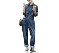 KWISUAWHGA Damen Langarm Button Down Denim Jumpsuit Lässiger Einteiler Overall Aufgerollte Jeans Lange Strampler,Blau,XXL