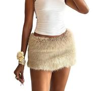 KWISUAWHGA Damen-Miniröcke Aus Flauschigem Fell Sexy Niedrig Geschnitten Figurbetont Y2K Trendig Konzert-Clubwear Cowgirls Herbst-Winter-Rock,Khaki,S