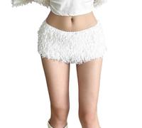 KWISUAWHGA Damen Plüsch Bodycon Shorts Sexy Niedrig Tailliert Mode Einfarbig Pelzig Casual Elastische Enge Shorts,Weiß,S