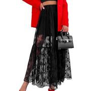 KWISUAWHGA Damen Sexy Durchsichtiger Langer Spitzenrock Mit Blumenmuster Elastischer Bund Fließender Plissee A-Linien-Party-Maxirock,Schwarz,M